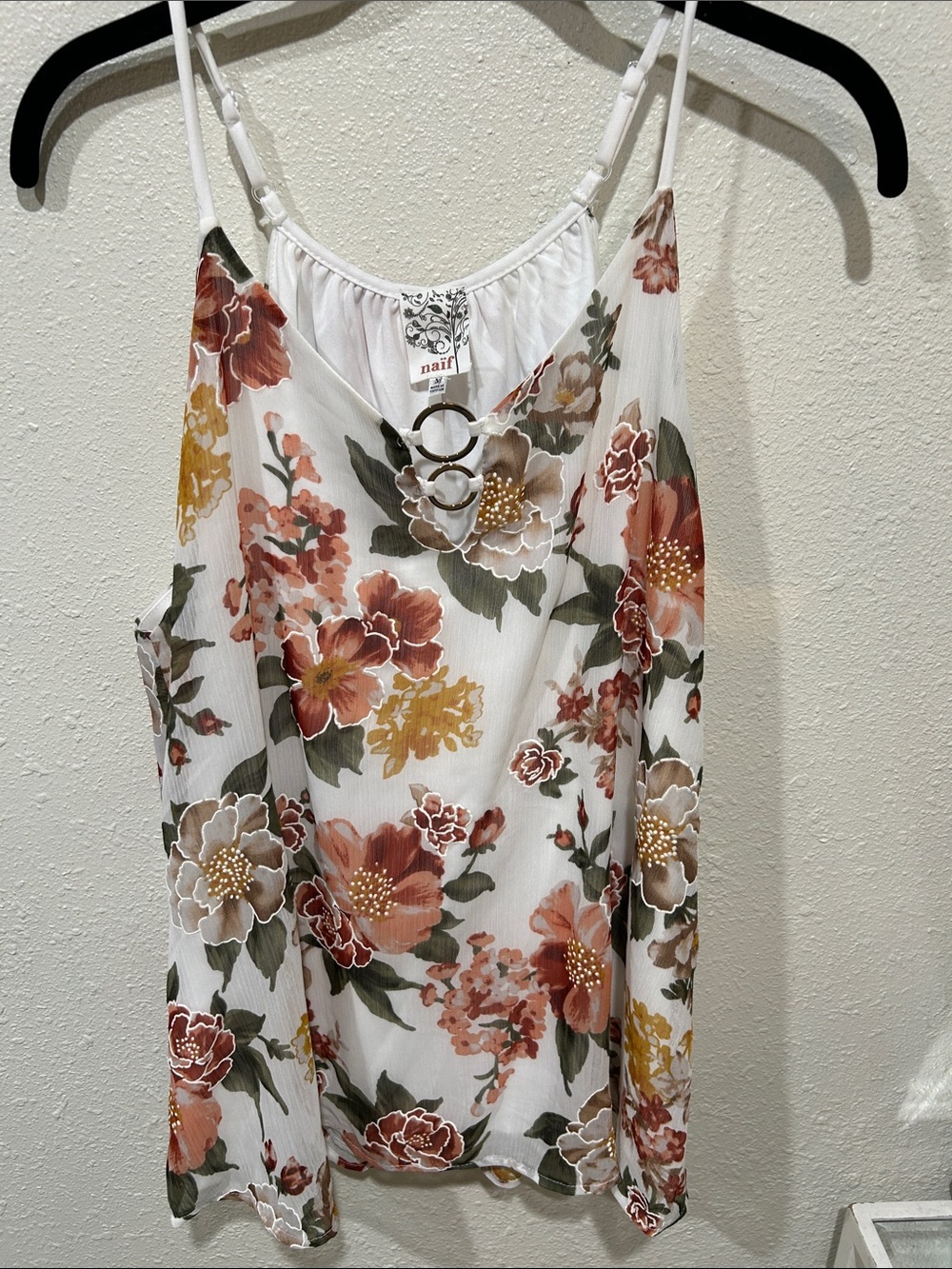 NAIF White Floral Camisole with Ring Front Detail